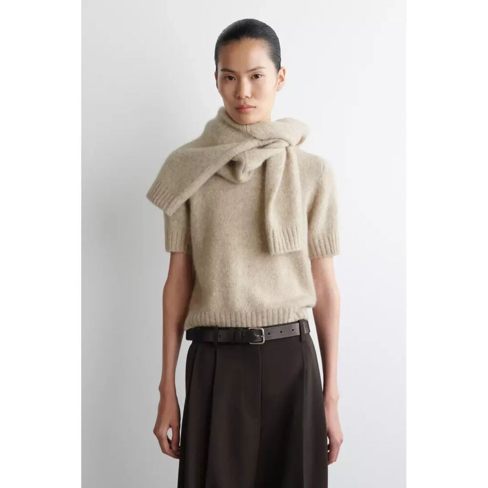 COS Alpaca Yak Wool Knit T-Shirt Beige Melange Short Sleeve Sweater NWT - Picture 2 of 9